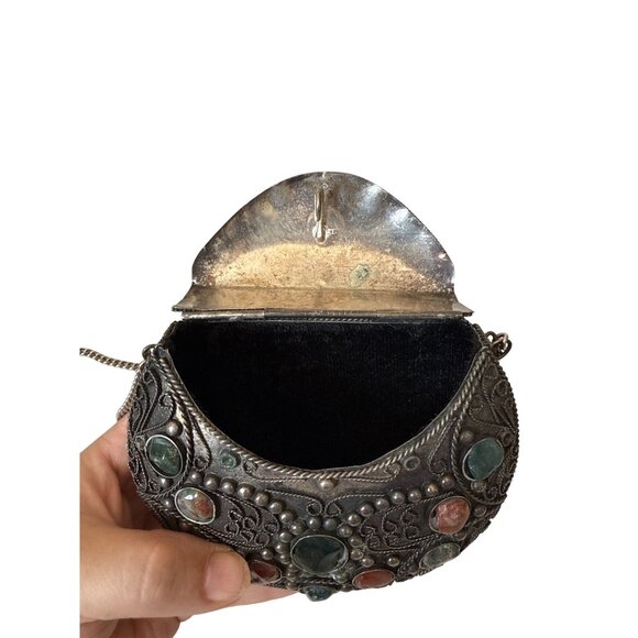 Vintage Sajai inlaid natural agate stones gems metal evening purse from India - Picture 10 of 12